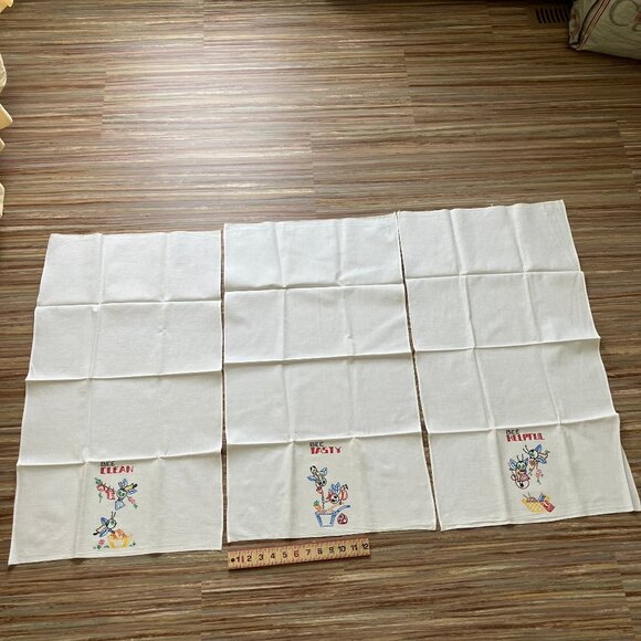 Bee Clean Helpful Tasty Kitchen Tea Towel Dish Cloth Vintage Set of 3 White - Picture 3 of 9